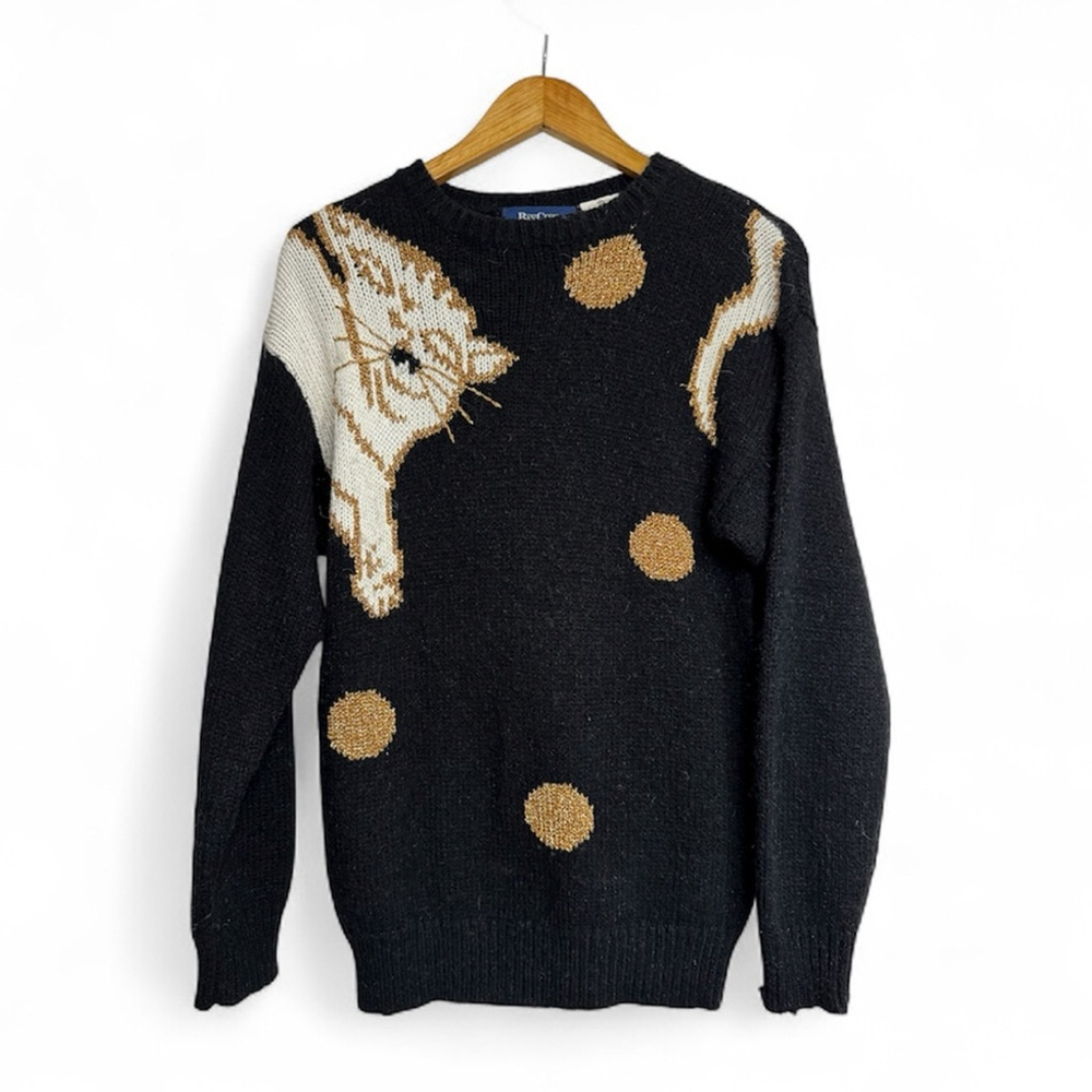 Vintage Bay Club Metallic Cat Sweater Black Gold Knit Novelty Pullover Small